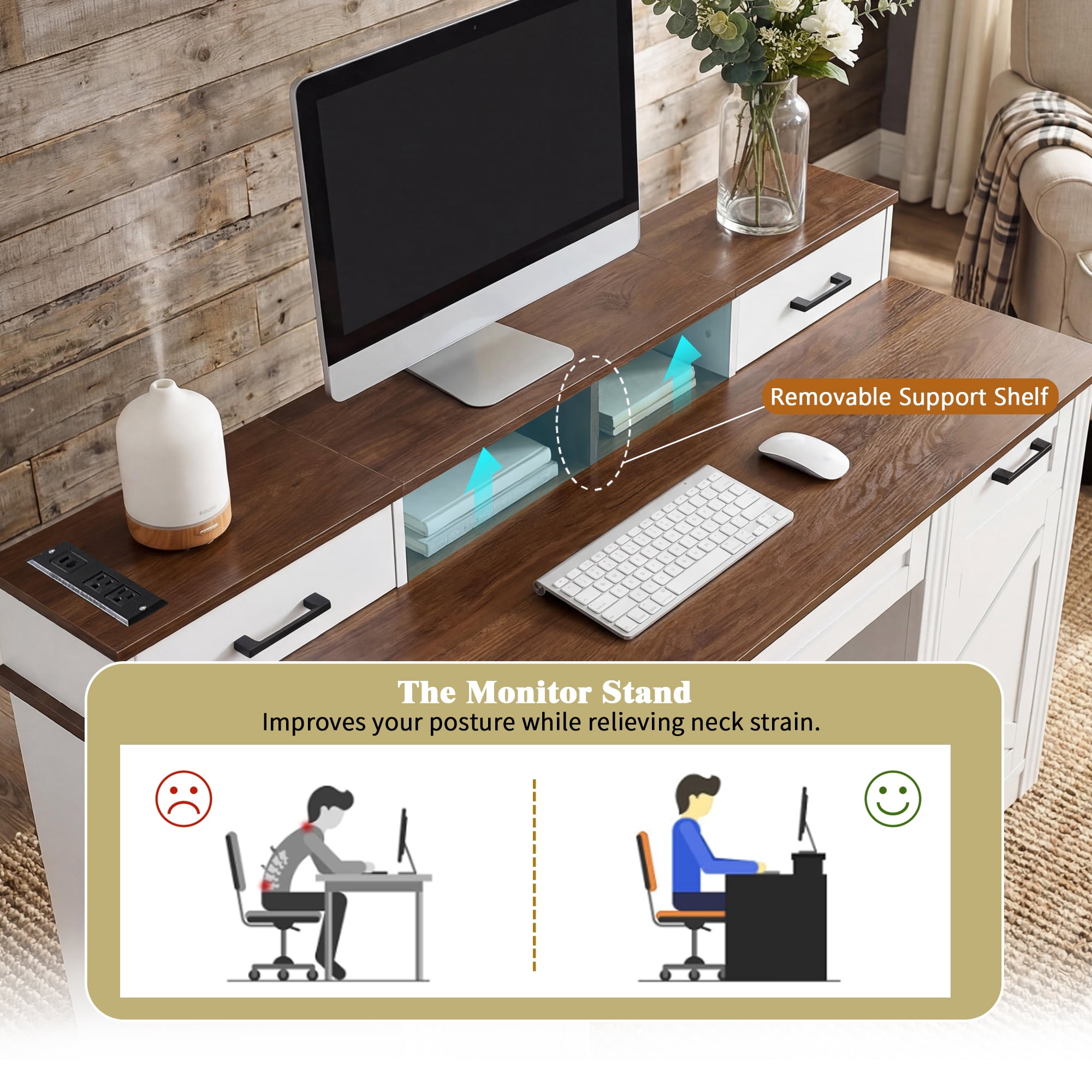 Mintazer 55" Farmhouse Office Desk with Charging Station & Storage Drawers, Computer Writing Desk with Monitor Stand, Keyboard Tray & Pegboard for Study Living Room Home Office, White