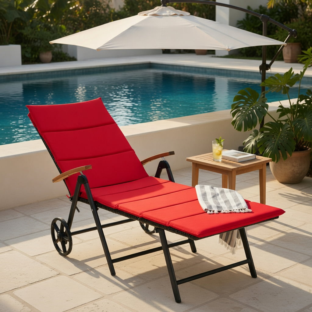 Hommoo Adjustable Folding Outdoor Rattan Lounge Chair with 2 Wheels, PE Wicker Recliner for Patio, Pool & Beach, Red