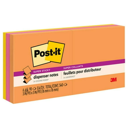 Post-it® Super Sticky Dispenser Notes, 3 in x 3 in, Energy Boost Collection, 6 Pads/Pack