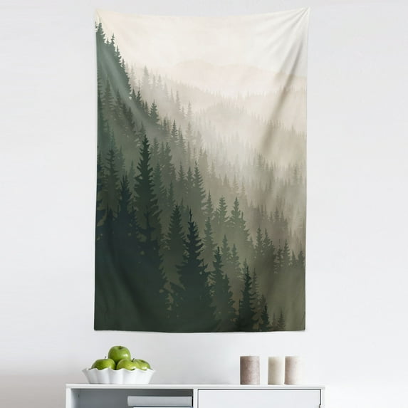 Forest Tapestry, Northern Parts of the World Coniferous Trees Scandinavian Woodland, Fabric Wall Hanging Decor for Bedroom Living Room Dorm, 5 Sizes, Cream Tan Dark Green, by Ambesonne