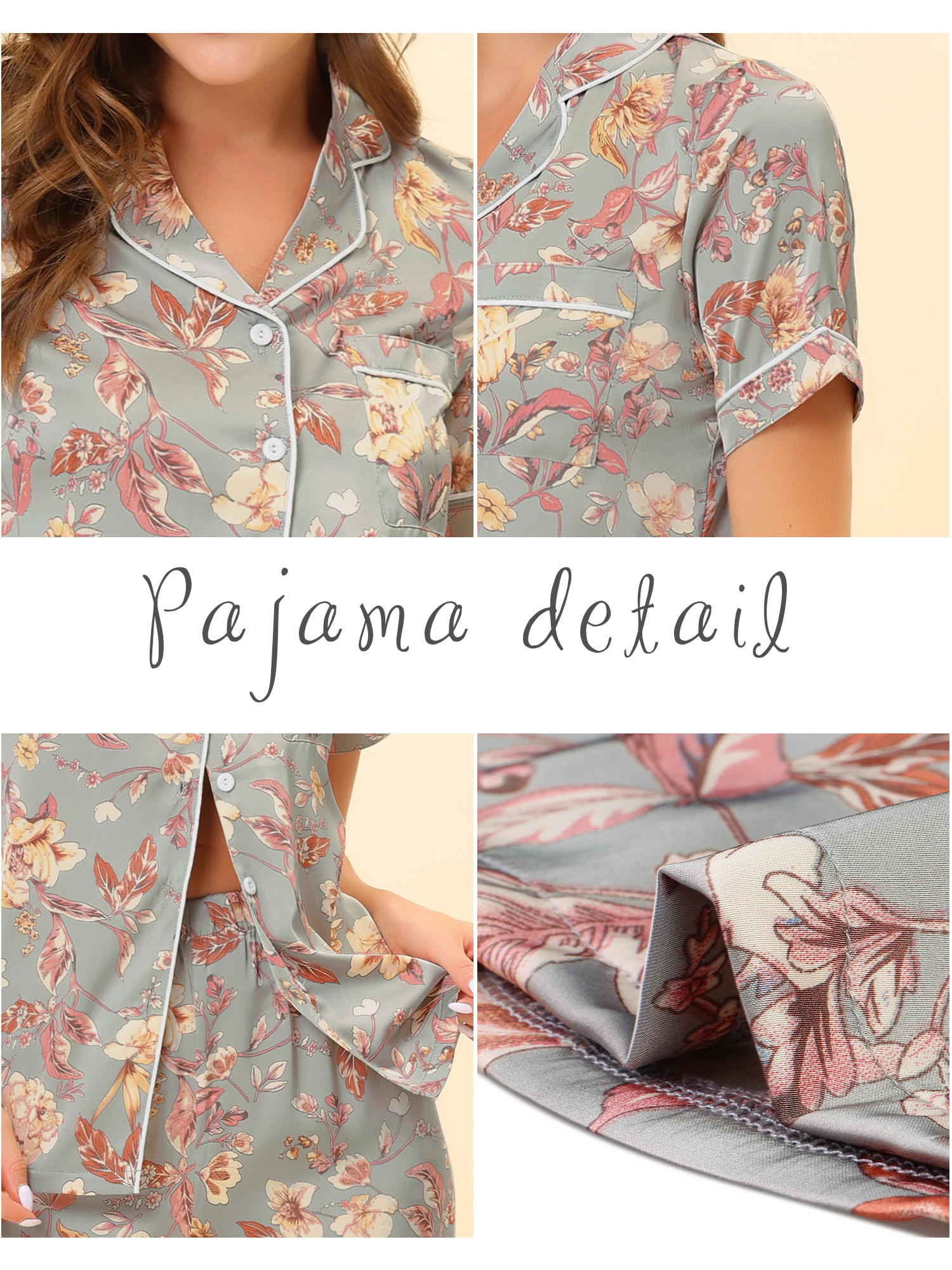 Unique Bargains Women's Pajama Set Silk Short Sleeves and Pants Floral Satin Sets