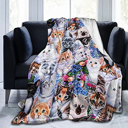 Cartoon White Kitten Throw Blanket for Couch Sofa Bed Plush Fleece Blanket Soft Cozy Bedding for Kids and Adults Room Bedroom