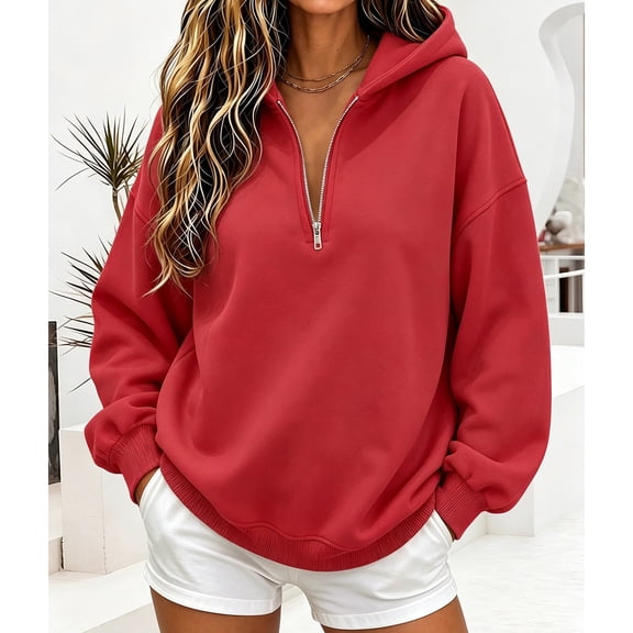 Hueook Zip Up Hoodie Women 1/4 Zip Half Neck Long Sleeve Casual Sweatshirt with Pockets Red L
