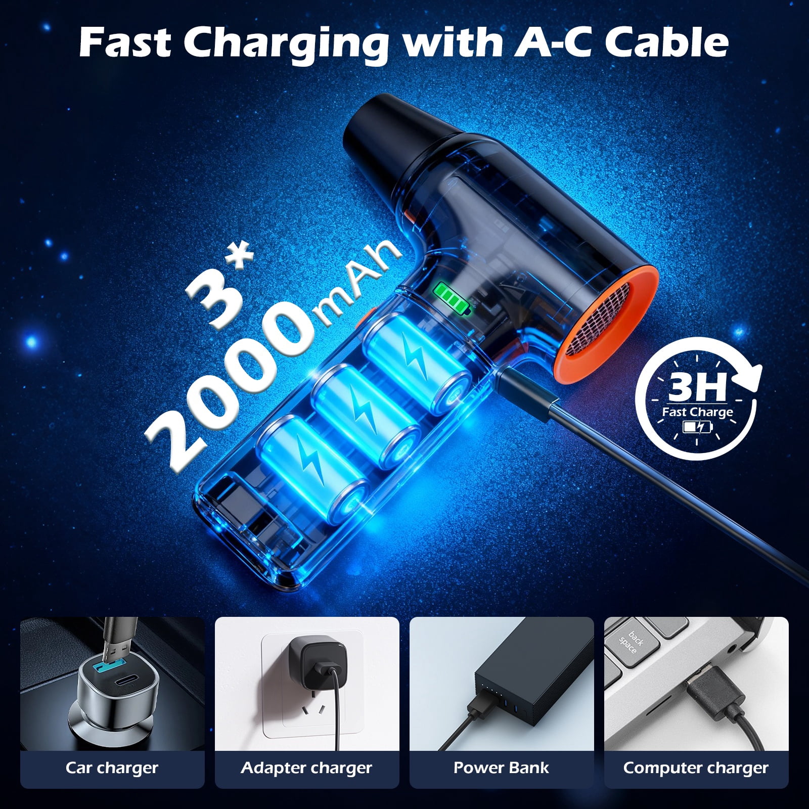 CATGOOD 260000RPM Cordless Compressed Air Duster with Brushless Motor, 3 Speeds Adjustable and Rechargeable, 6AH Dust Cleaner for Keyboard, Computer, Car, Outdoor, Air Bed