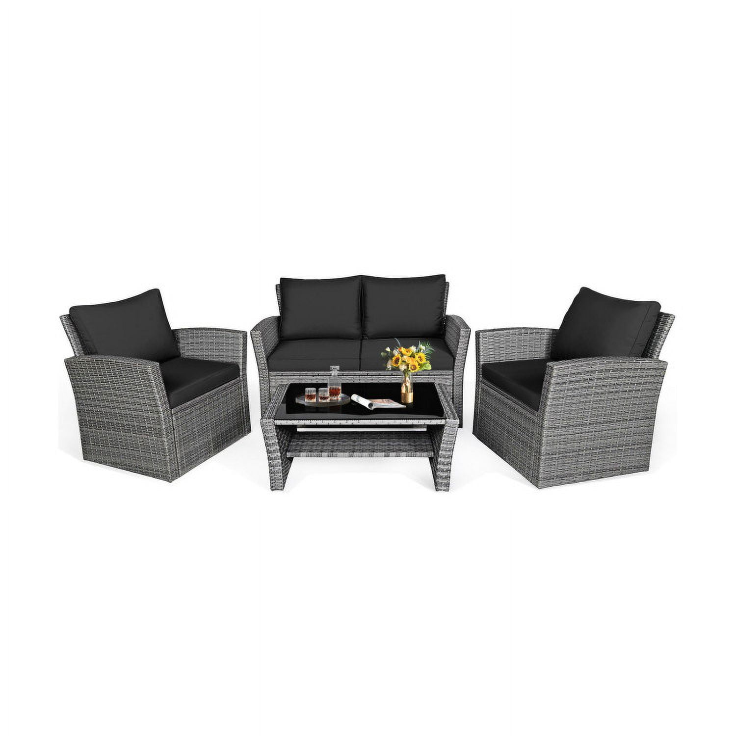 Aimee Lii 4 Pieces Wicker Patio Furniture Set Sofa Table with Storage Shelf Cushion, Modern Patio Furniture, Black Aimee Lii 4 Pieces Wicker Patio Furniture Set Sofa Table with Storage Shelf Cushion, Modern Patio Furniture, Black