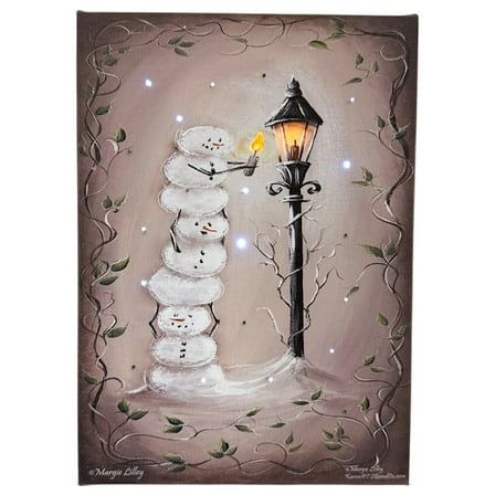 THE JOY TREE LED Christmas Canvas Print Art Light up Twinkling Lights Timer, Snowy Scene Small Wall Hanging Picture Winter Snowman Candle Lampost