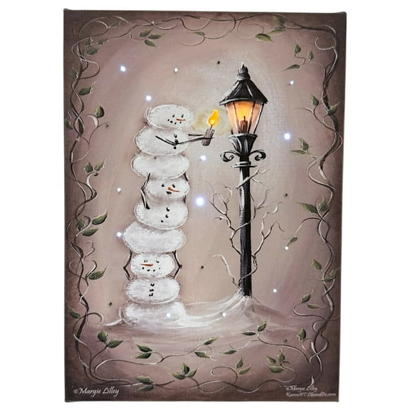 THE JOY TREE LED Christmas Canvas Print Art Light up Twinkling Lights Timer, Snowy Scene Small Wall Hanging Picture Winter Snowman Candle Lampost