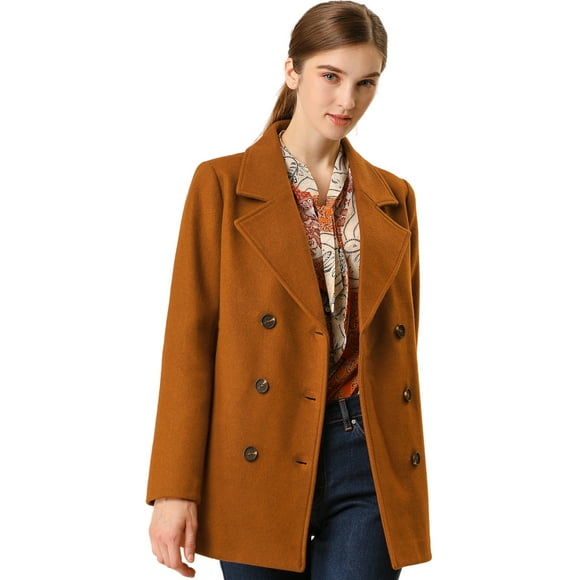 INSPIRE CHIC Abrigo De Fieltro A Media Pierna Con Bolsillo Solapa Con Muesca Doble Botonadura Para Mujer Marrón M