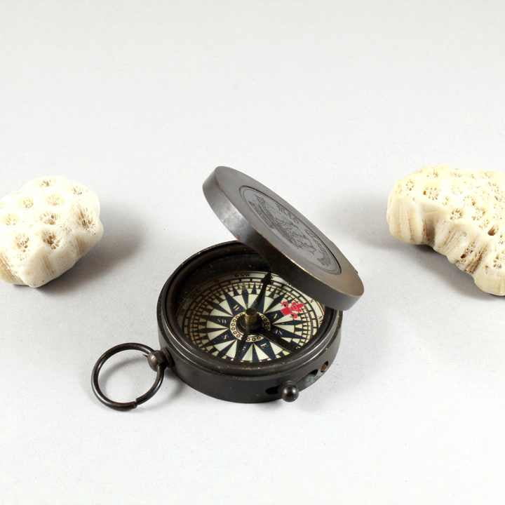 Antique Black Nautical Compass with Hinged Brass and Alloy Leather Case Metal and Glass Construction
