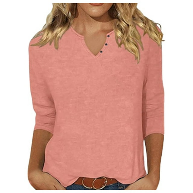 Blouses pour Femmes Hauts Décontractés Couleur Unie Mode Bouton Nouvelles Manches 3/4 Col en V T-Shirts pour Dames