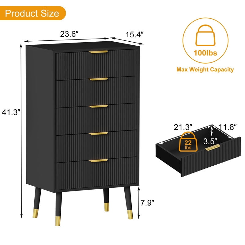 TROPOW 5 Drawer Dresser for Bedroom, Modern Closet Dressers Chest of Drawers, Storage Chest Cabinet Organizer Unit, Small Fluted Nightstand for Bedroom