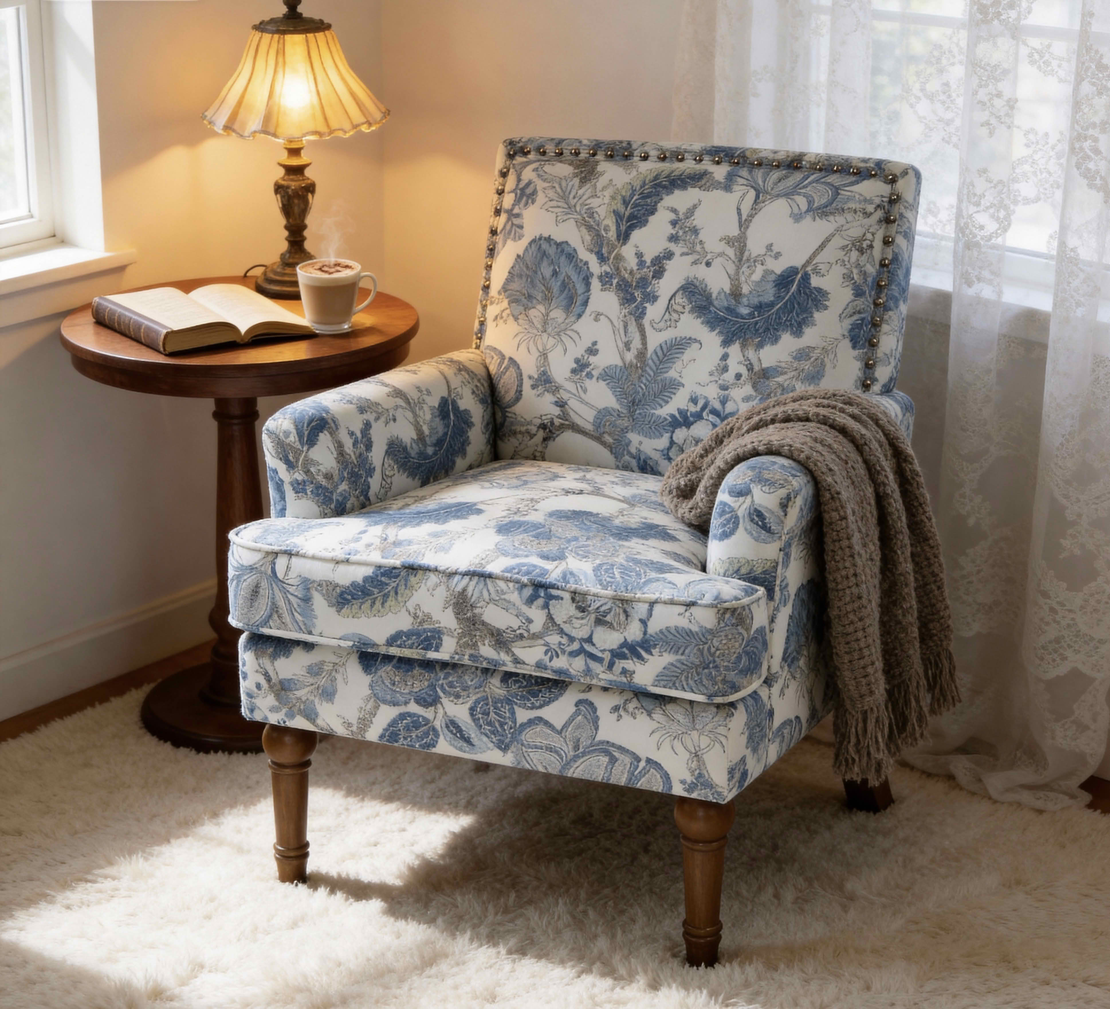 MAYEERTY 29 In Floral Accent Armchair, Farmhouse Upholstered, Nailhead Trim, Wood Legs, Blue