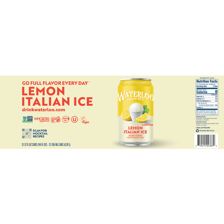Waterloo Lemon Italian Ice Sparkling Water, 12 fl oz, 12 Pack photo 7