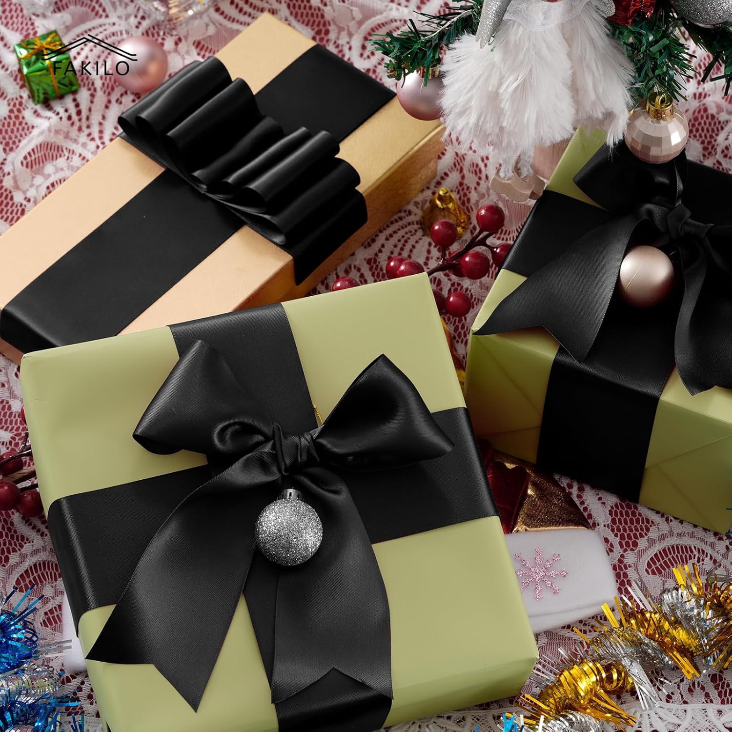 Black Satin Ribbon 2 Inch x 25 Yards Double Faced Thick Black Gift Ribbon for Gift Wrapping Bows Making Crafts Halloween Birthday Party Home Decor