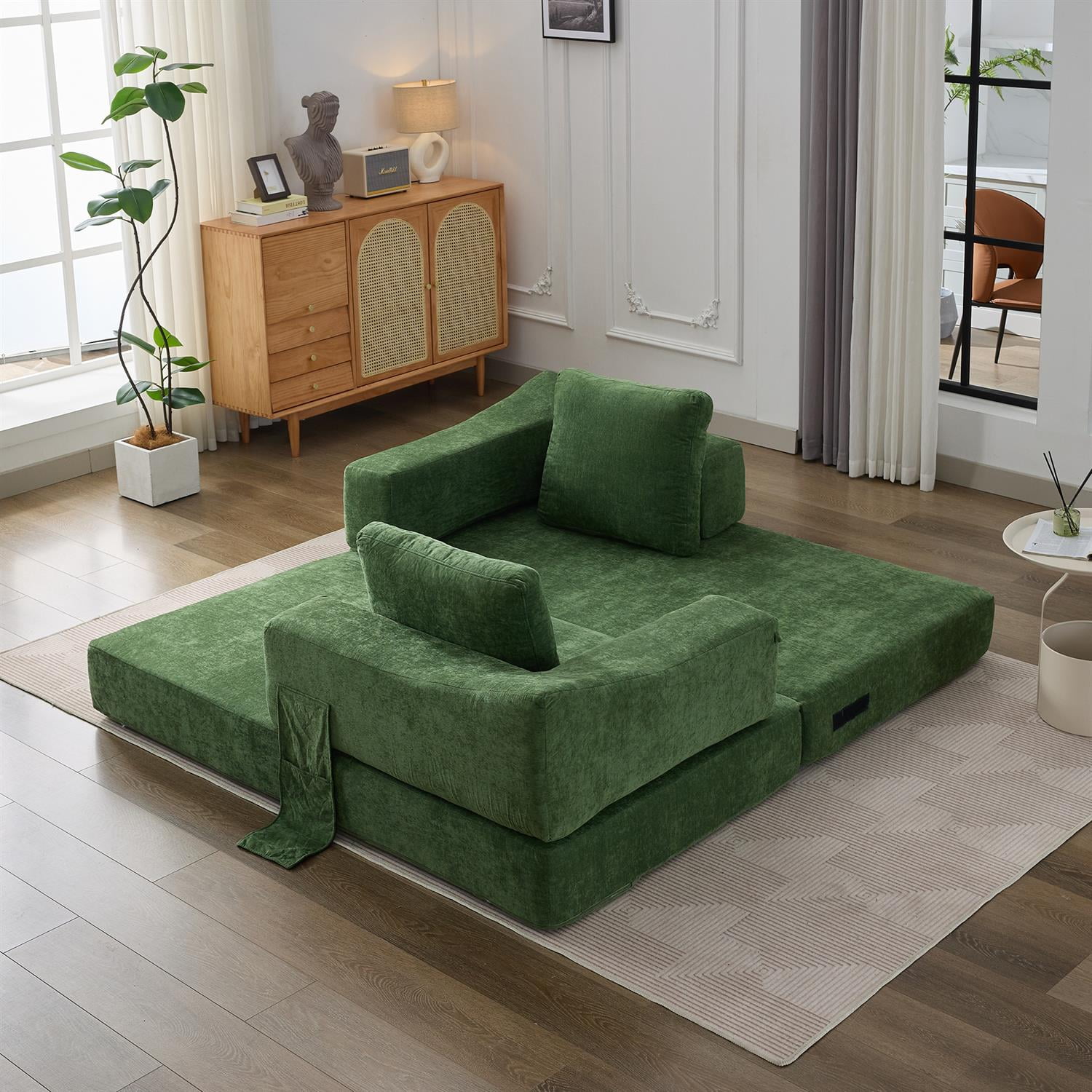 Demi Bonn 70" Modern Minimalist Convertible Sofa Bed, Fold-Out Sofa Chair, Versatile Floor Couch & Mattress for Living Room, Bedroom, Apartment, Removable Backrest, Green