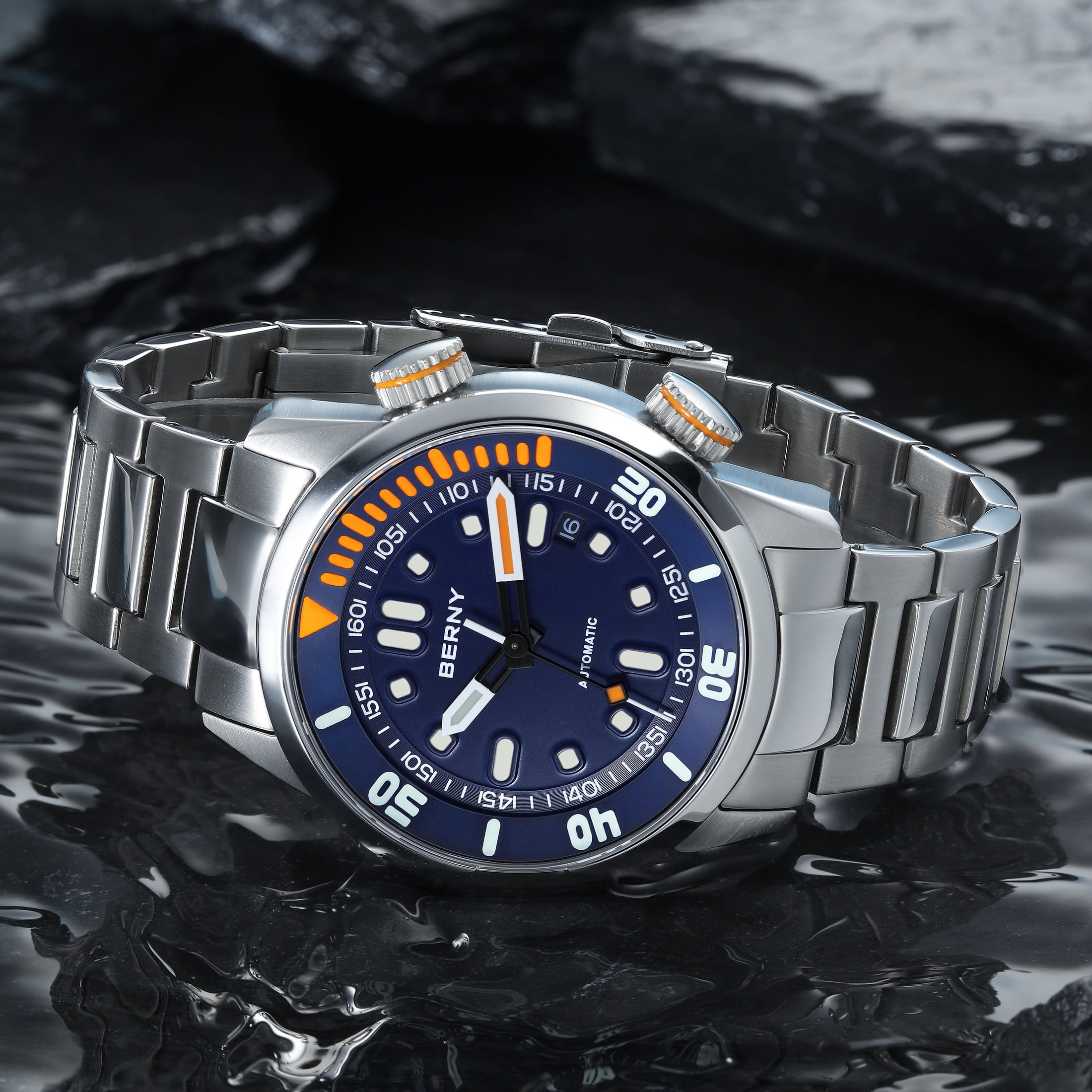 BERNY Automatic Dive Watches for Men, Sport 20ATM Waterproof Analog Mechanical Watch with Date, Super Luminous, Stainless Steel, Sapphire Crystal, Fashion Men's Pro Diver Watch (Blue)