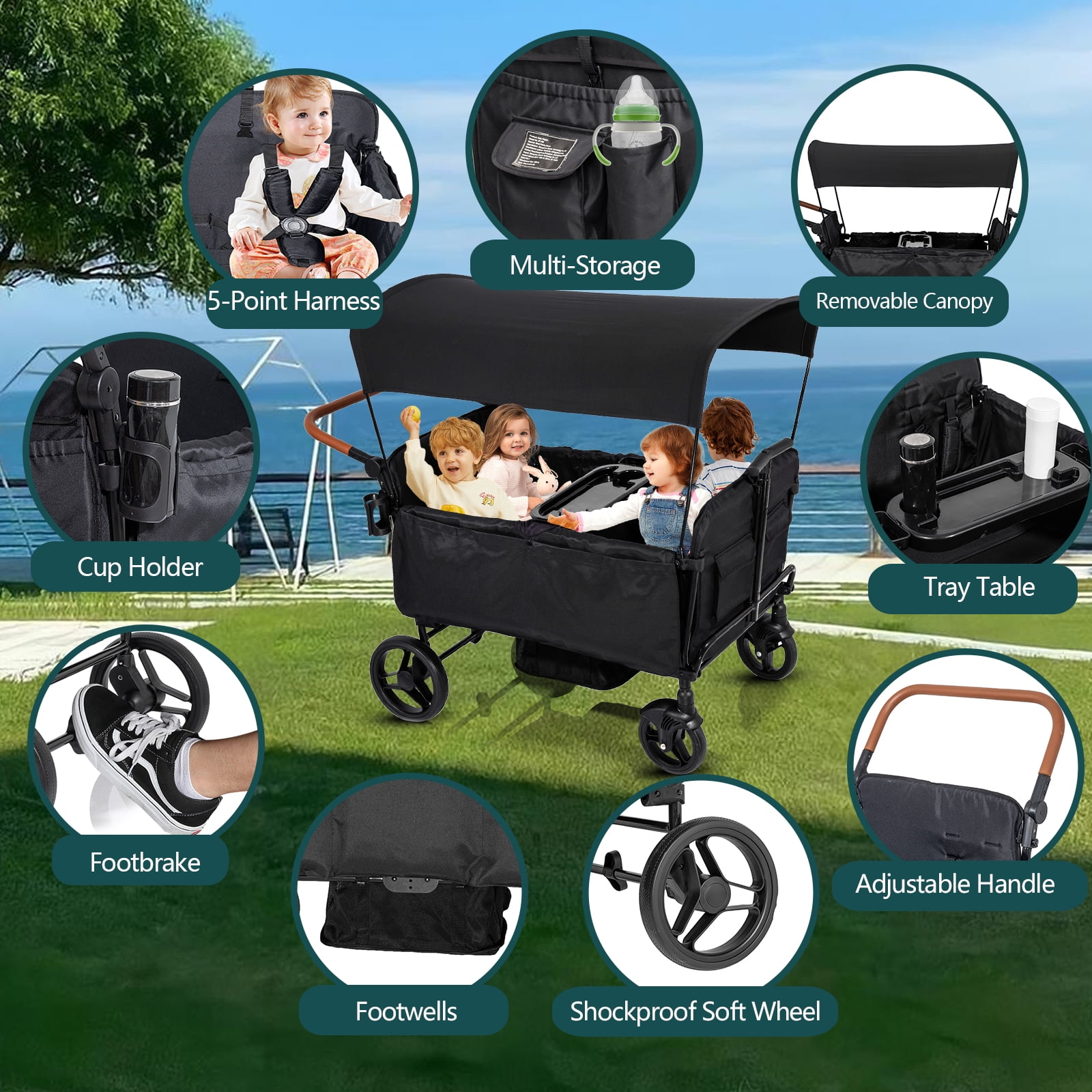 Wagon Stroller for 4 Kids-Toddler with 5-Point Harness,Adjustable Handle Bar and Canopy,Footwells,Tray Table,Cup Holder