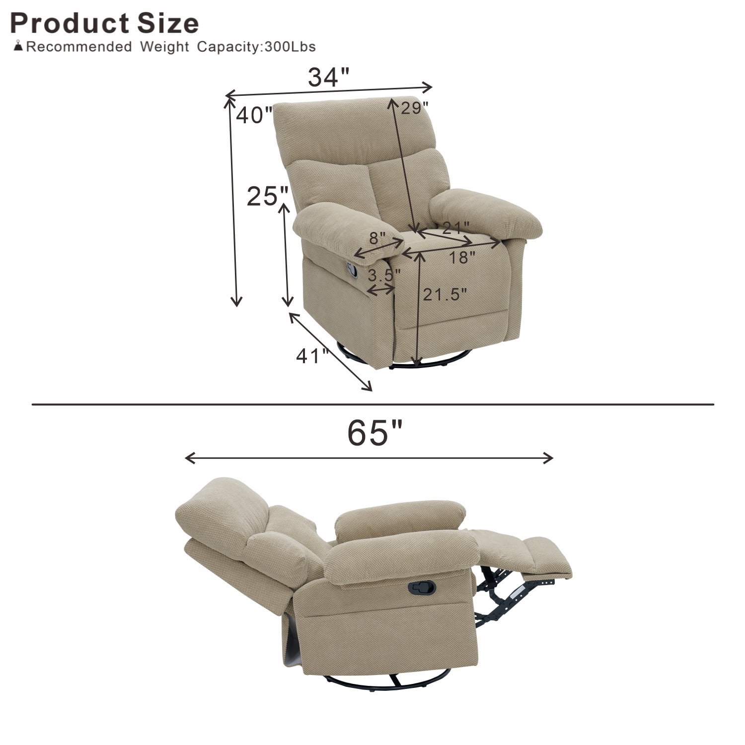 TiramisuBest Manual Swivel Rocker Recliner Chair,Overstuffed Fabric Glider Armchair for Living Room,Camel