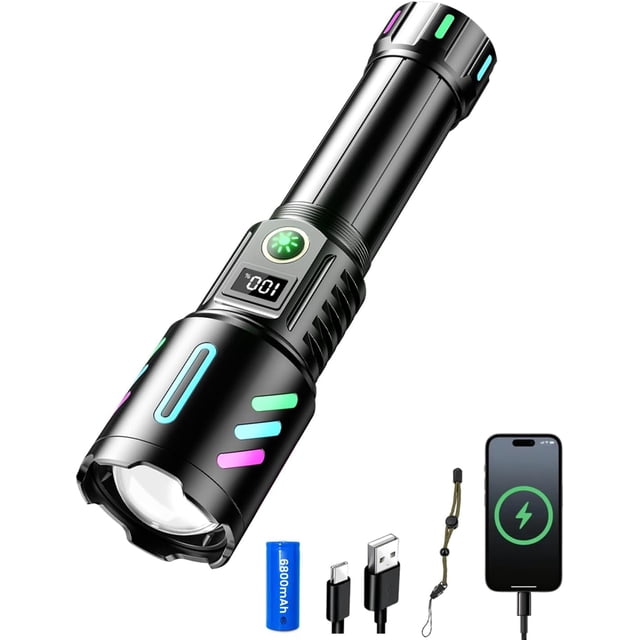 Linterna Led Recargable, Lampara de Mano con Pantalla Digital, 2000 Lúmenes Linternas Led alta Potencia, 5 Modos, Entrada y Salida USB-C, Potente Linterna Tactica para Camping/Emergenc