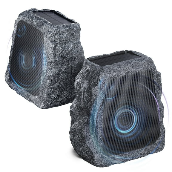 2 Pack Outdoor Rock Bluetooth Speakers, Tweeters Subwoofer, Pair 100 Speakers, Stereo Deep Bass IPX7 Waterproof Speaker, Solar Powered, Perfect for Pool, Garden, Deck and Outdoor