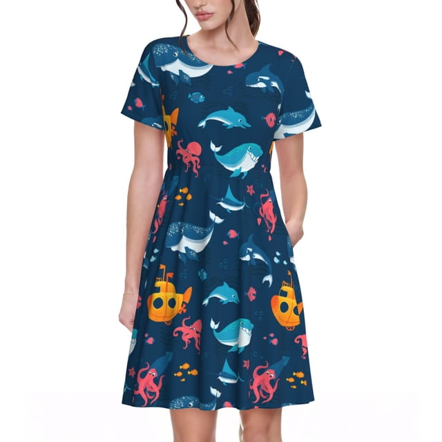 Fotbe Ocean Floor Animals Vestido Largo de Moda para Mujer, Vestido Tipo Camiseta con Manga Corta y Estilo Casual a Rayas y Bloques de Color