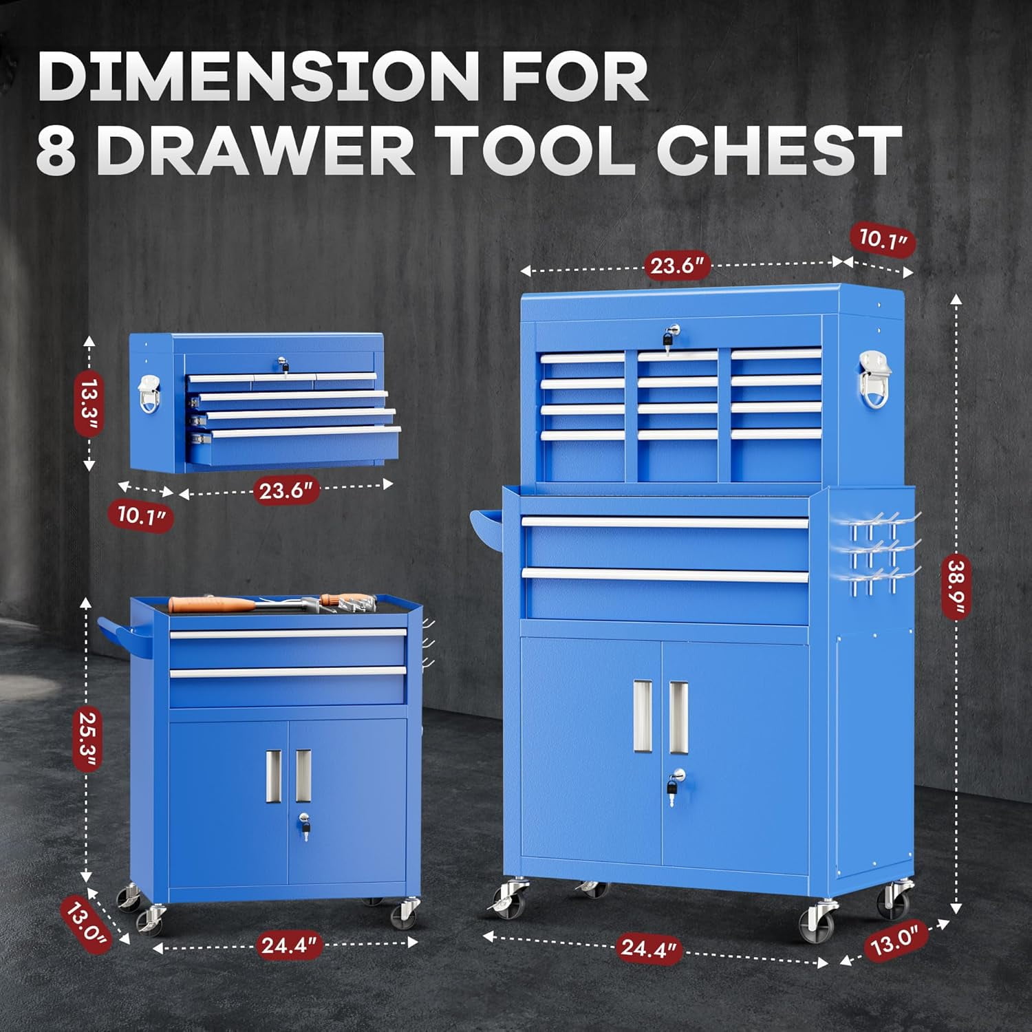 SOLAURA 8-Drawer Rolling Tool Chest with Detachable Top Box, Metal Tool Box with Wheels, Lockable Storage Cabinet for Warehouse, Garage, Workshop, Barbershop, Blue