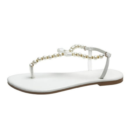 

dmqupv Ladies Fashion Summer Ribbon Pearl Flip Flops Outer Flat Casual Sandals Slipper Women Female flats-sandals White 8.5