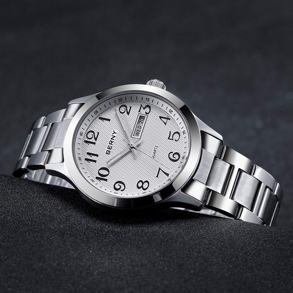 BERNY Silver Watch for Men, Fashion Easy to Read Quartz Analog Watch with Day & Date Calendar, Luminous, Stainless Steel, Waterproof, Business Dress Men's Wrist Watches (White)