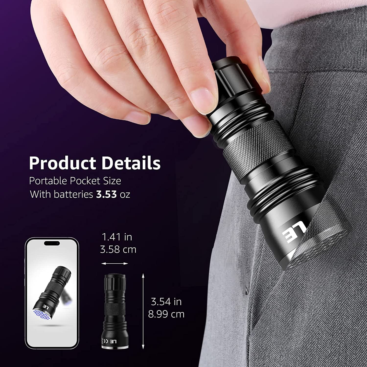 Lepro UV Black Light Flashlight with Batteries , 21 LEDs UV Light Handheld Blacklight 395nm Detector for Pet Urine