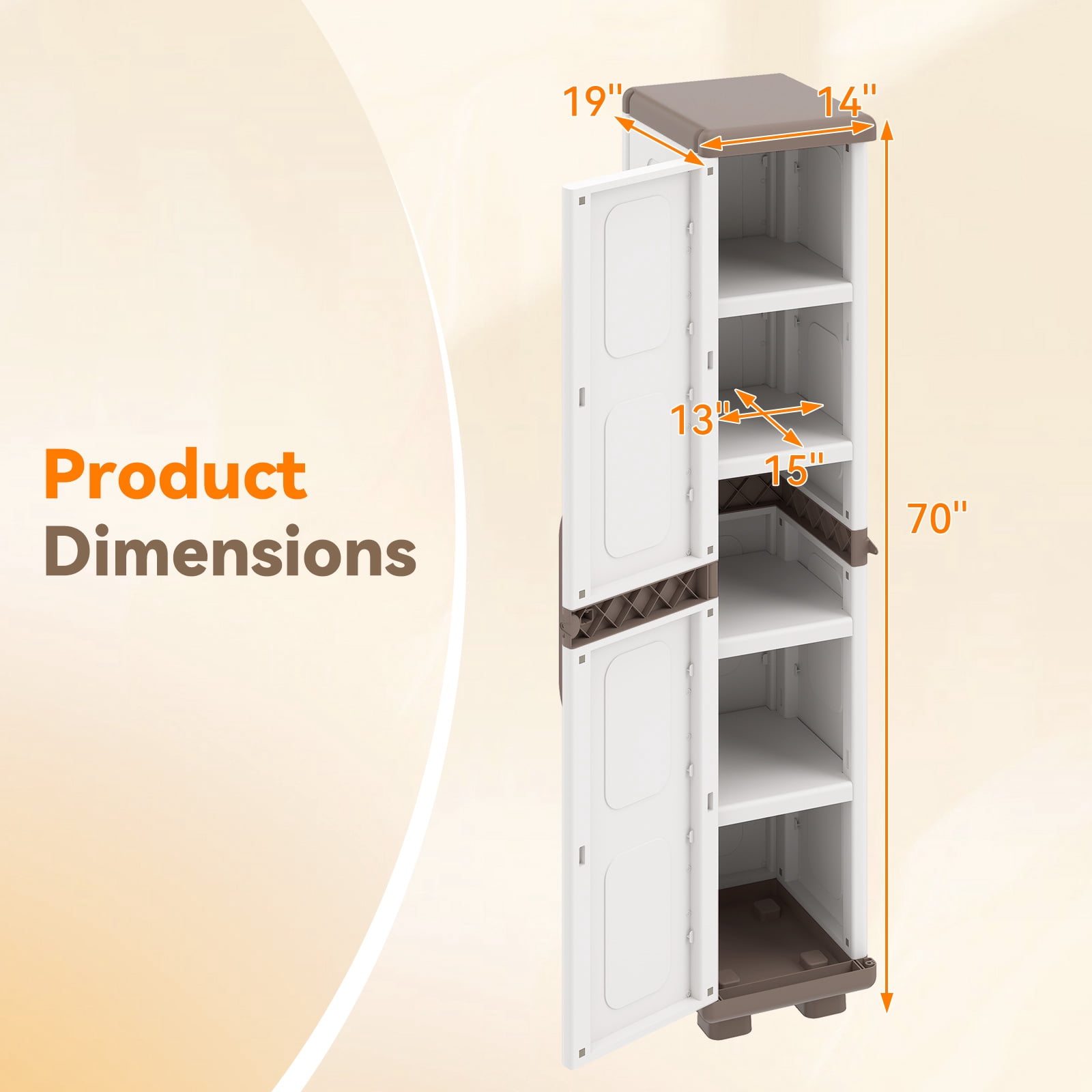 Costway Slim Storage Cabinet with Single Door, Plastic Kitchen Pantry with 4 Shelves Brown and White