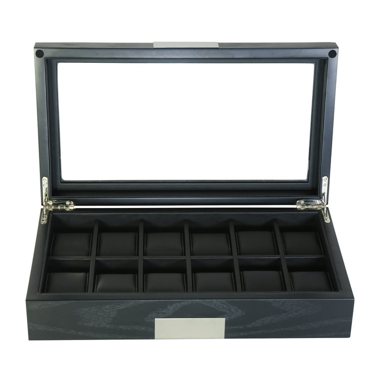 TimelyBuys 12 Ebony Wood Watch Box Display Case Storage Jewelry Organizer with Glass Top Stainless Steel Accents and Oversized Black Pillows