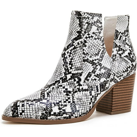 

ASGE Womens Ankle Boots Slip on Cutout Pointed Toe Snakeskin Chunky Stacked Mid Heel Booties