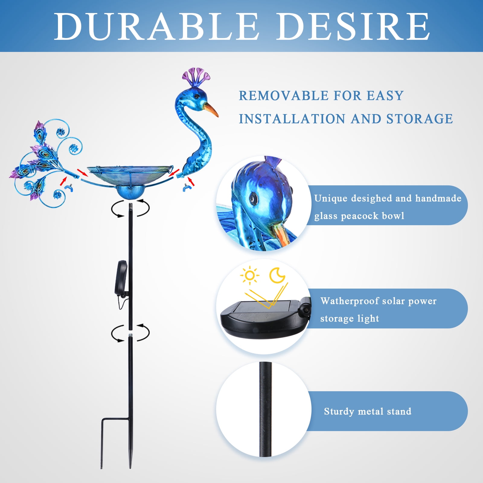 Outdoor Bird Bath Solar Light Birdbath Small Birdfeeder with Peacock Metal Stake for Garden Yard Decor