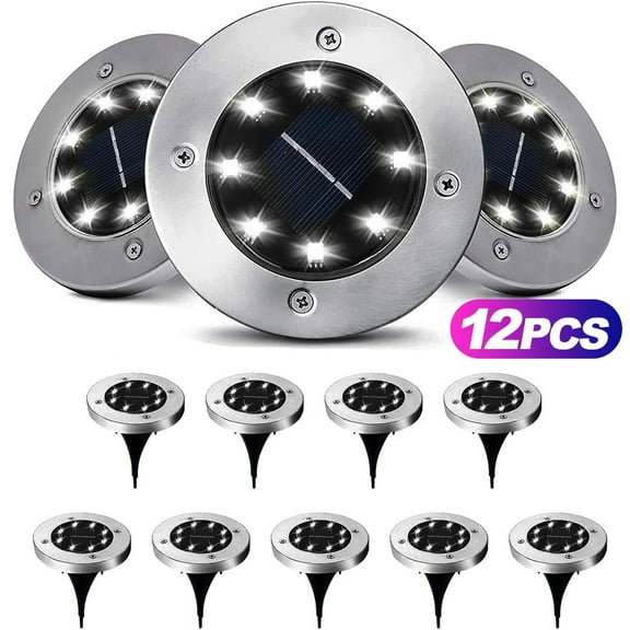 Solar Ground Lights Outdoor Solar Lights Waterproof Auto On/Off Landscape Spike Lawn Light Pathway Light Solar Powered Disk Light for Yard Deck Lawn Patio Walkway (White-12 Pack)