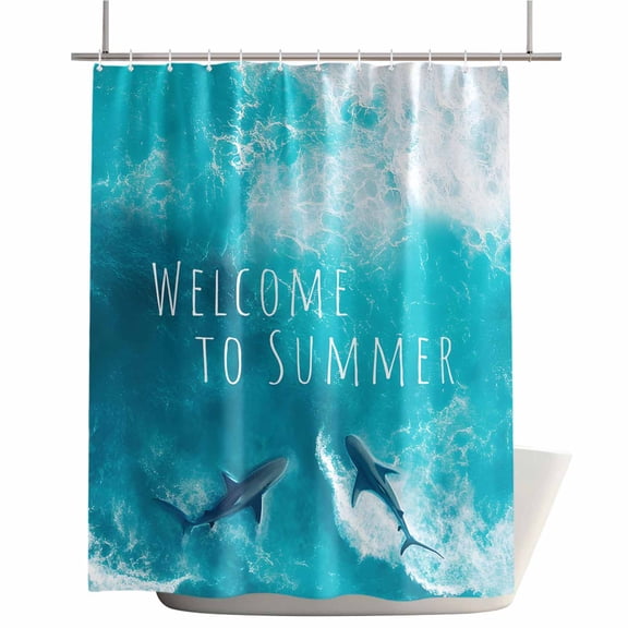 Shower Curtains for Bathroom-72"x72",Ocean Shark Welcome to Summer Text Waterproof Bath Curtain Grommet Shower Curtain Set with Hooks,Watercolor Marine Theme Washable Bath Accessories