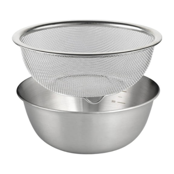 2x 304 Stainless Steel Colander with Mixing Bowl, Drainer Basket with Basin, Pasta Spaghetti Rice Rinser Strainer Washer for Fruit 18cm