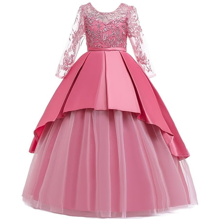 

HBYJLZYG Floor Length Tulle Puffy Dress Toddler Girls Lace Embroidery Flowers Temperament Bowknot Long Sleeve Birthday Party Gown Dresses 5-14 Years