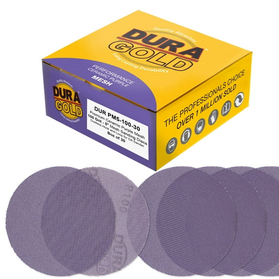 Dura-Gold Premium 100 Grit 5" Purple Ceramic Mesh Sanding Discs, Box of 30 - Dustless Hook & Loop Backing Sandpaper for DA & Random Orbital Sanders - Long-Lasting Fast Cut - Woodworking, Auto Paint
