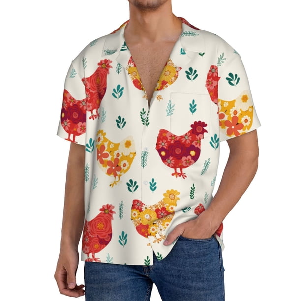 Balery Flower Chicken Camisa Casual de Manga Corta con Botones para Hombre, Texturizada, Estilo Cubano, para Playa, Verano-Small