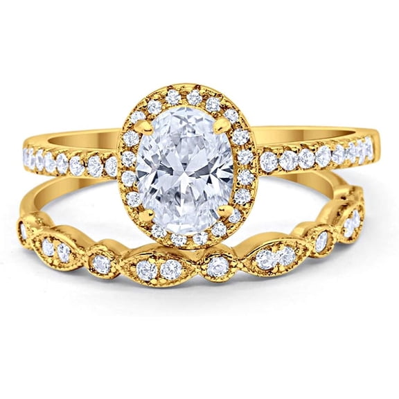 Divine Creation 14K Yellow Gold Plated 2.10 Ct Oval Cut White Diamond Wedding Engagement Halo Bridal Ring Set 925 Sterling Silver For Women's -8.5