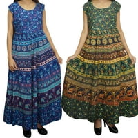 Mogul 2 Bohemian Cotton Ethnic Maxi Dress Sleeveless Blue Green Boho Chic Gypsy Hippie Dresses L