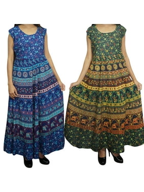 Mogul 2 Bohemian Cotton Ethnic Maxi Dress Sleeveless Blue Green Boho Chic Gypsy Hippie Dresses L
