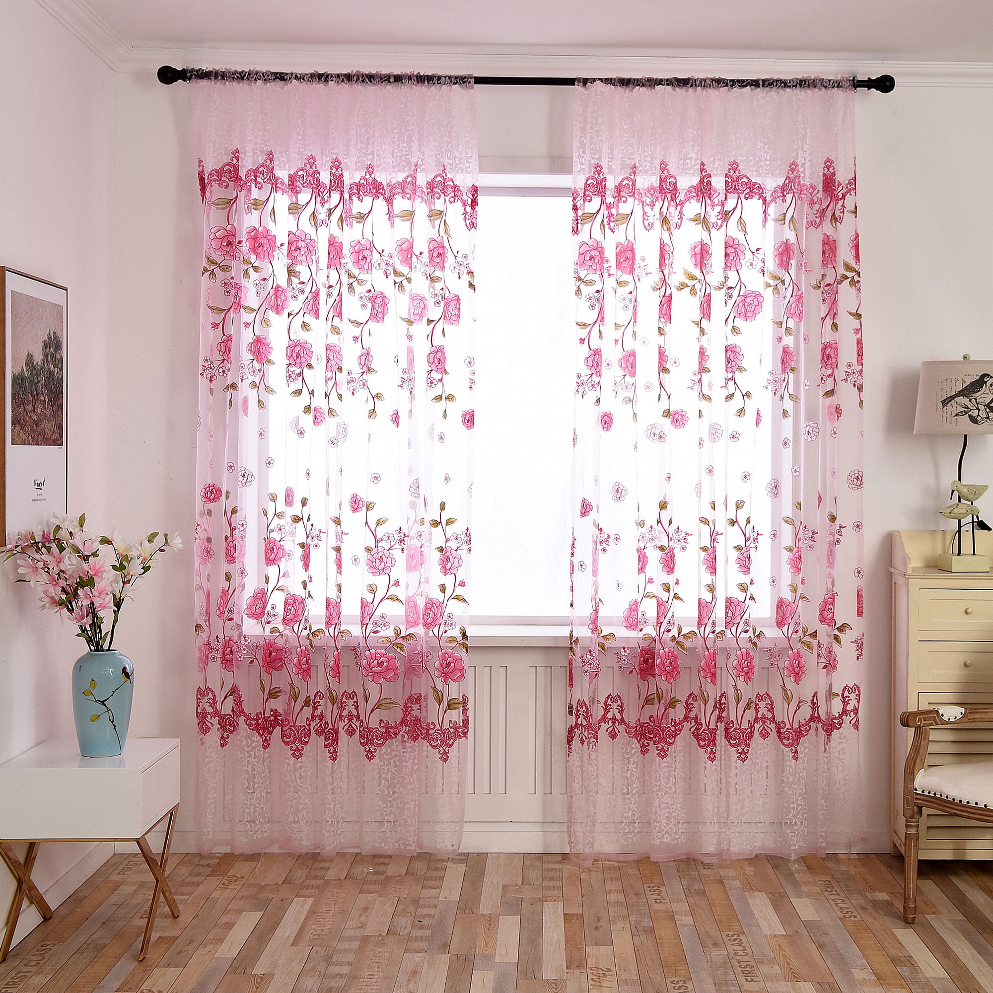 Floral Room Door Sheer Voile Window Valances Panel Drape Curtain Tulle Scarf 