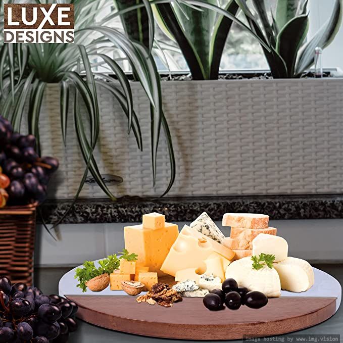Luxe Designs | Wood & White Marble Cheese Cutting Board with Knife Set - 12" Serving Tray for Charcuterie Meat Platter, Fruit & Crackers