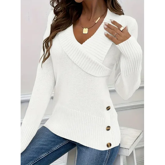 Botton Side Surplice Neck Sweater, Elegant Long Sleeve Sweater For Fall & Winter, Women's Clothing