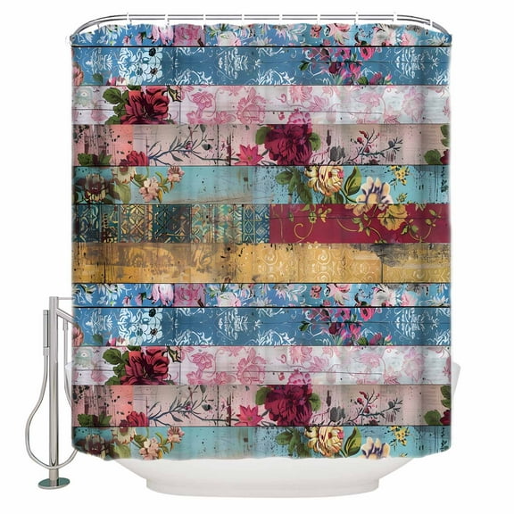 60x72 Inch Shower Curtains for Bathroom Vintage Flower Fabric Bath Curtain Decor Shabby Chic Farmhouse Wood Grain Waterproof Restroom Curtains Shower Set Accessories with 12 Hooks 60 Inch