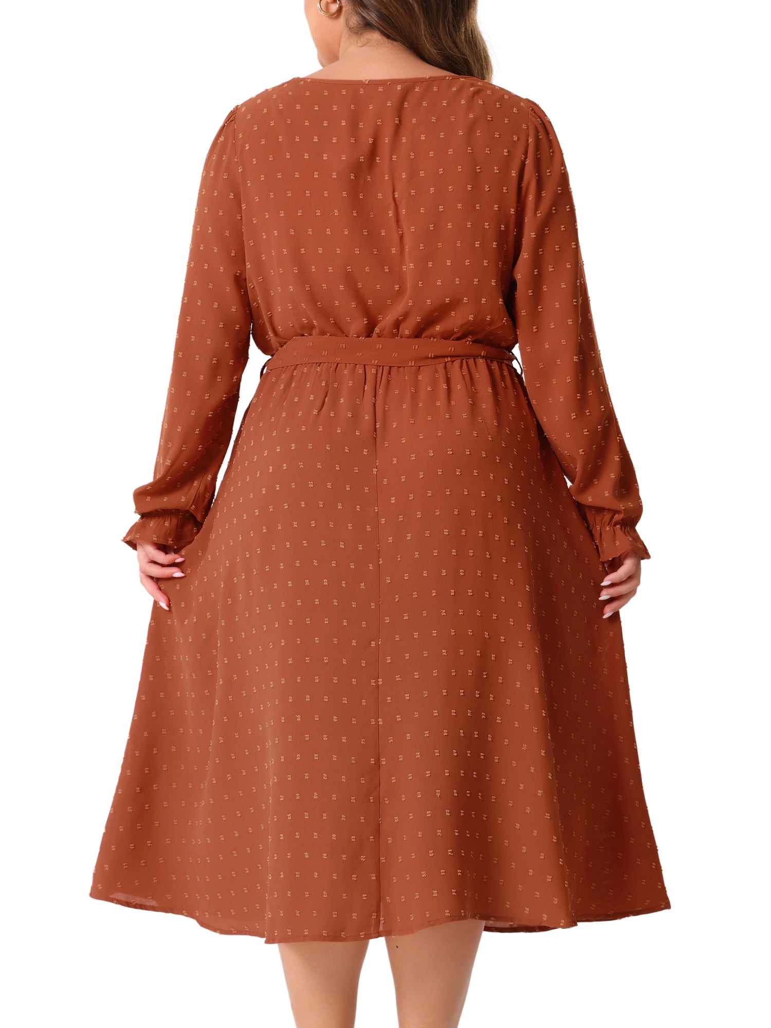 DARING DIVA Plus Size Swiss Dot V Neck Long Sleeve Midi Dress 4X Orange