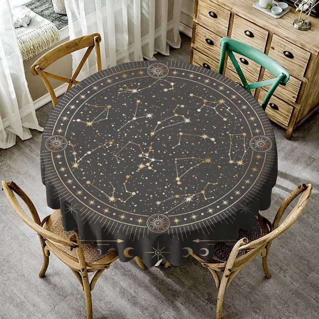 Golden Galaxy Table Cloth, Magical Outline Celestial Zodiac Constellation Round Tablecloth for Home Dining Kitchen Wedding Parties 60x60nch