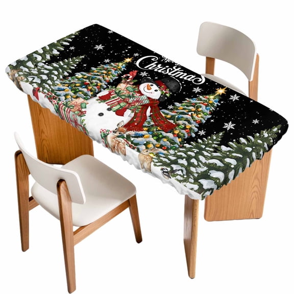 Black Christmas Snowman Table Cloths for 4 Foot Rectangle Tables, Xmas Tree Snowflake Botanical Patio Waterproof Elastic Fitted Tablecloths, Washable Rectangular Table Cover for Camping