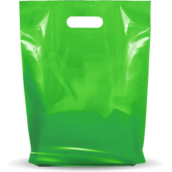 Green Merchandise Plastic Glossy Retail Bags 1000 Pack 12" x 15" with 1.25 mil Thick - Die Cut Handles - Perfect for Shopping, Party Favors, Birthdays, Children Parties - Color Green - 100% Recyclable